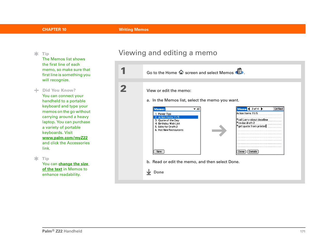 Viewing and editing a memo | Palm Z22 User Manual | Page 185 / 343