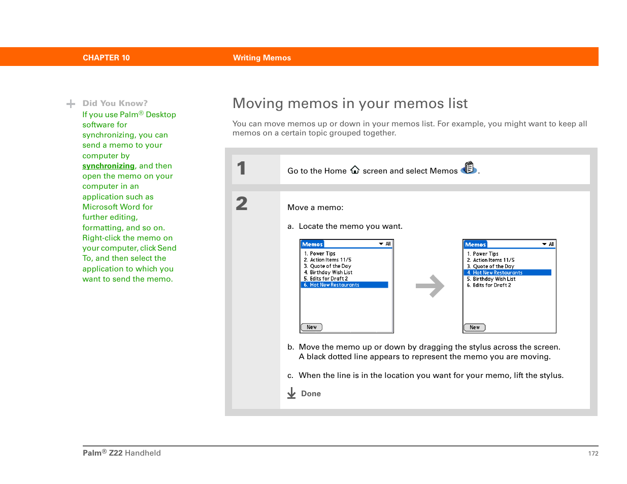 Moving memos in your memos list | Palm Z22 User Manual | Page 186 / 343