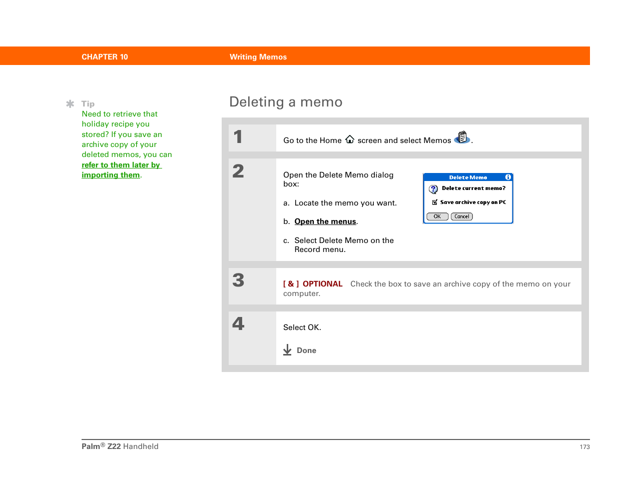 Deleting a memo | Palm Z22 User Manual | Page 187 / 343