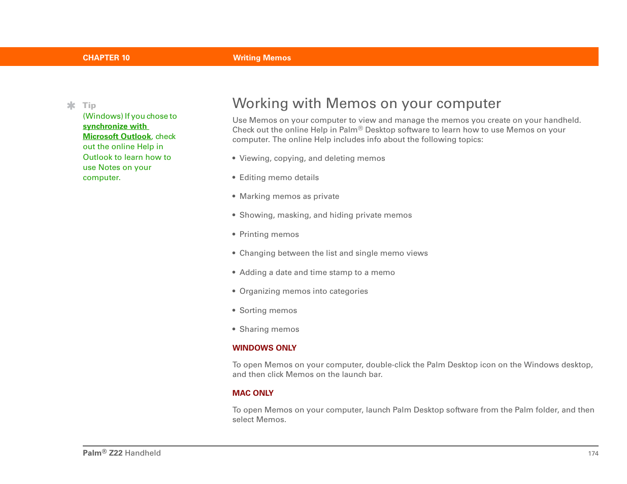 Working with memos on your computer | Palm Z22 User Manual | Page 188 / 343