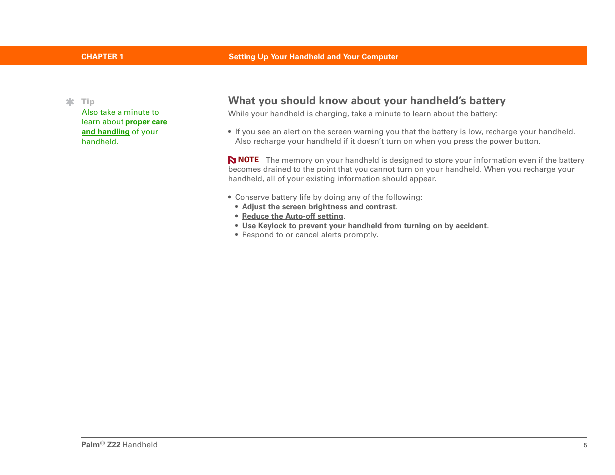 What you should know about your handheld’s battery | Palm Z22 User Manual | Page 19 / 343