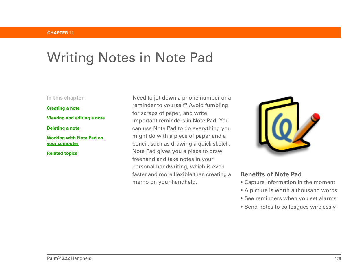 Writing notes in note pad, Chapter 11: writing notes in note pad, Note pad | Palm Z22 User Manual | Page 190 / 343