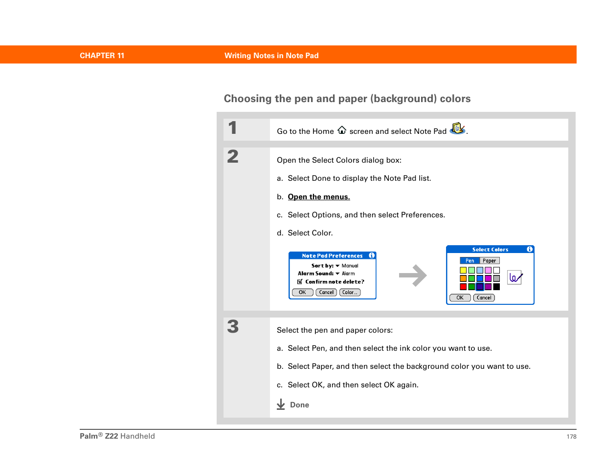 Choosing the pen and paper (background) colors | Palm Z22 User Manual | Page 192 / 343