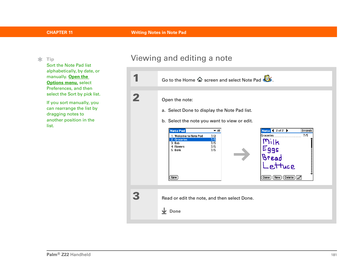 Viewing and editing a note | Palm Z22 User Manual | Page 195 / 343