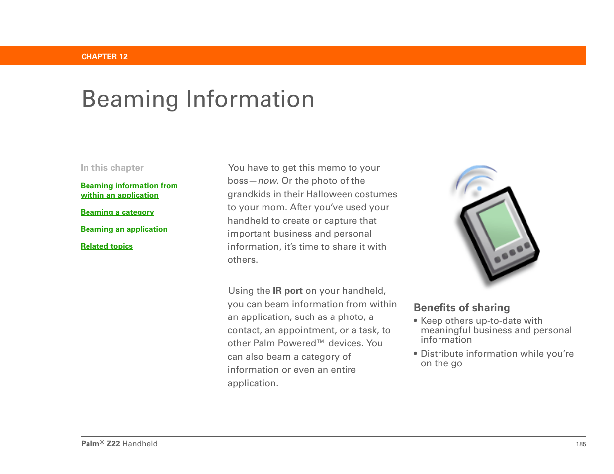 Beaming information, Chapter 12: beaming information, Beaming | Palm Z22 User Manual | Page 199 / 343