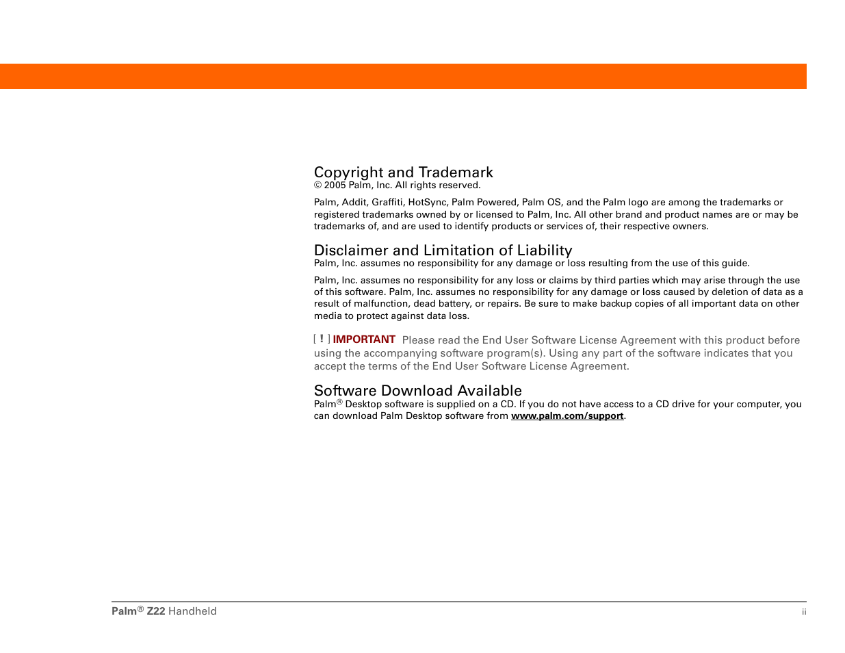 Copyright and trademark, Disclaimer and limitation of liability, Software download available | Palm Z22 User Manual | Page 2 / 343