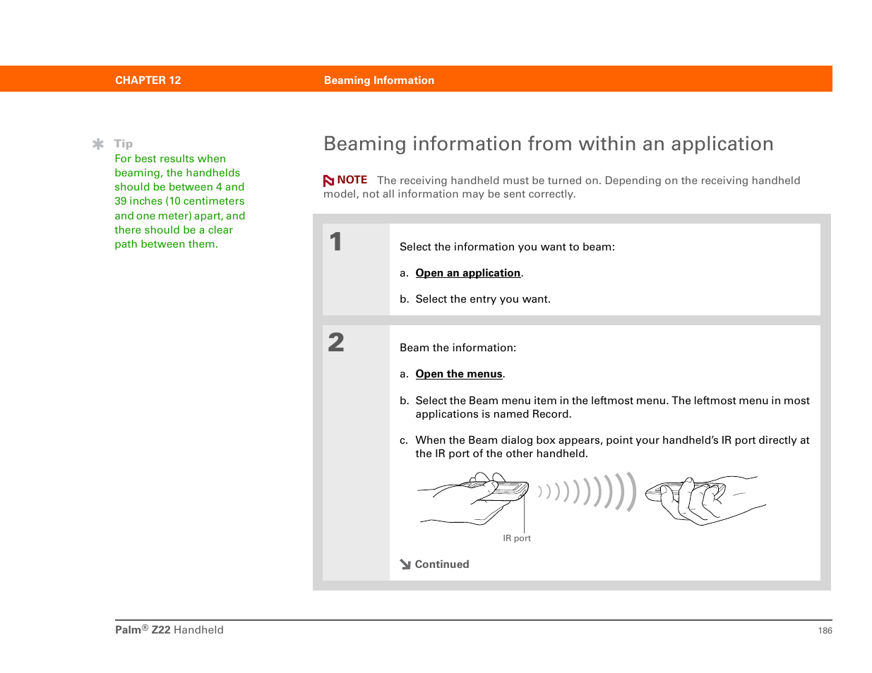 Beaming information from within an application, Beaming | Palm Z22 User Manual | Page 200 / 343