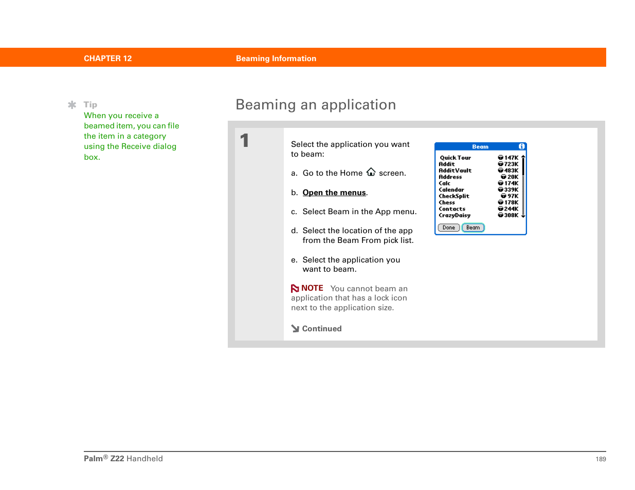 Beaming an application | Palm Z22 User Manual | Page 203 / 343