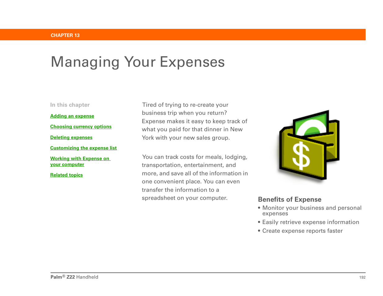 Managing your expenses, Chapter 13: managing your expenses | Palm Z22 User Manual | Page 206 / 343