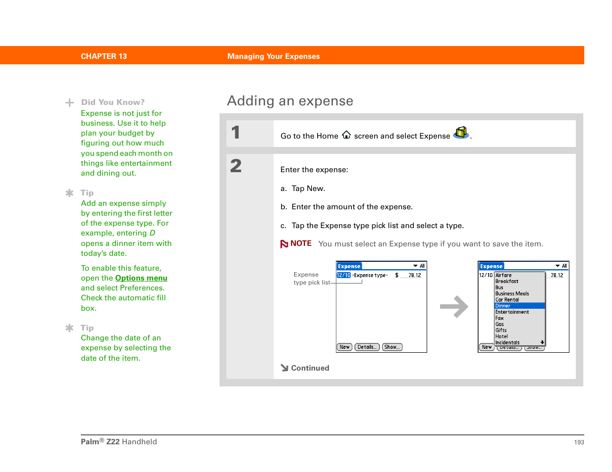 Adding an expense | Palm Z22 User Manual | Page 207 / 343