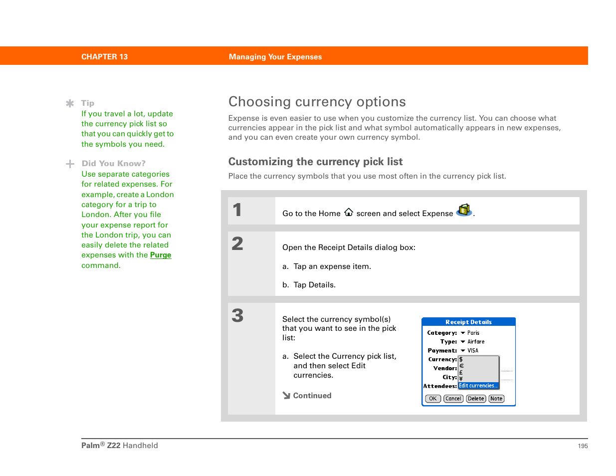 Choosing currency options, Customizing the currency pick list | Palm Z22 User Manual | Page 209 / 343