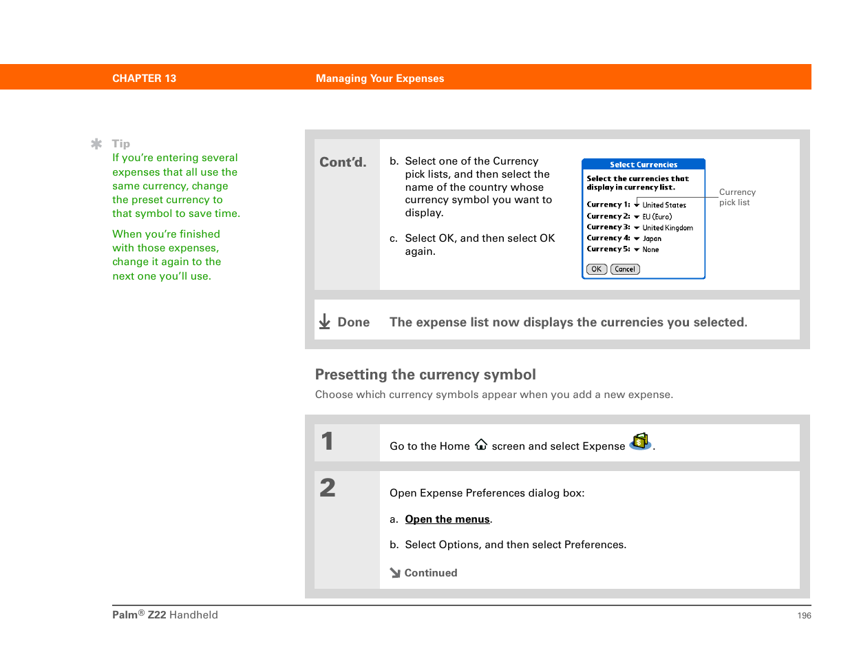 Presetting the currency symbol, N preset, This symbol | Palm Z22 User Manual | Page 210 / 343