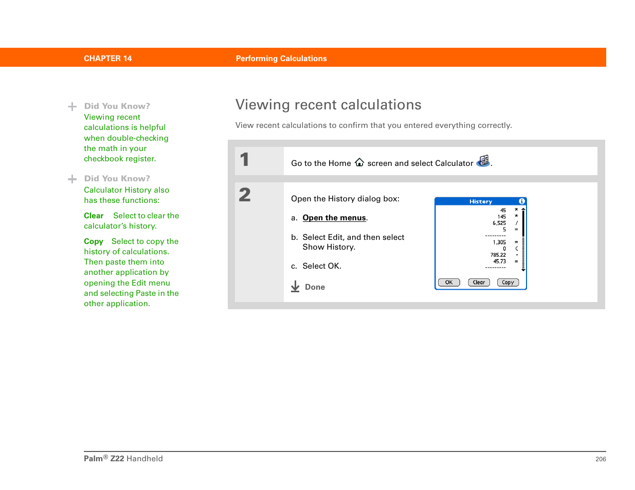Viewing recent calculations | Palm Z22 User Manual | Page 220 / 343