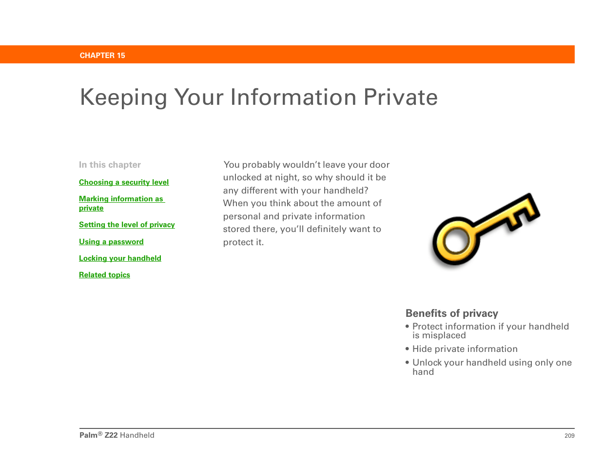 Keeping your information private, Chapter 15: keeping your information private, Privacy | Also mark events as private, Mark tasks as private, Marking them as private | Palm Z22 User Manual | Page 223 / 343