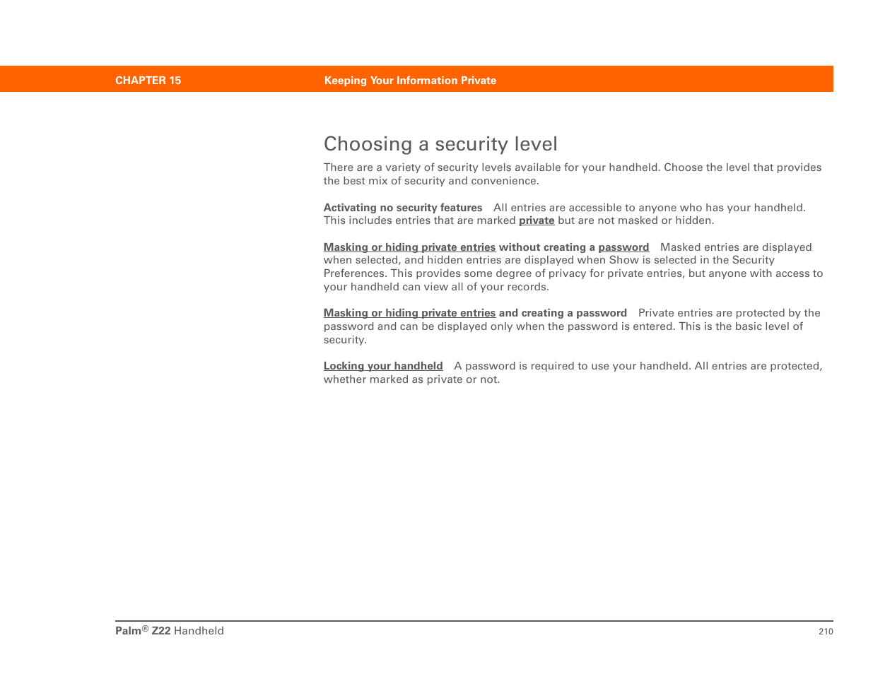 Choosing a security level | Palm Z22 User Manual | Page 224 / 343