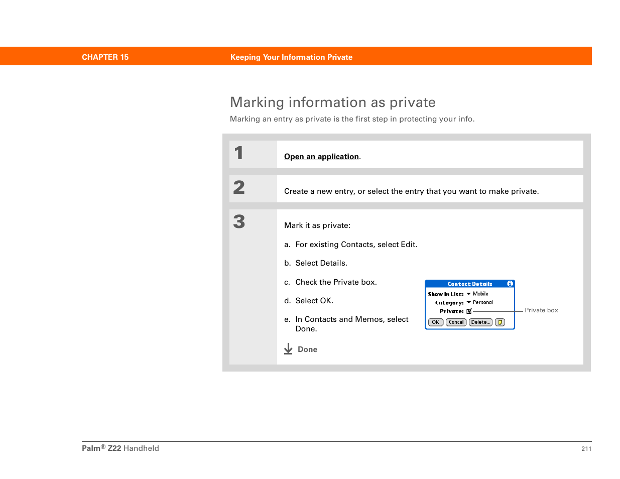 Marking information as private, Private | Palm Z22 User Manual | Page 225 / 343