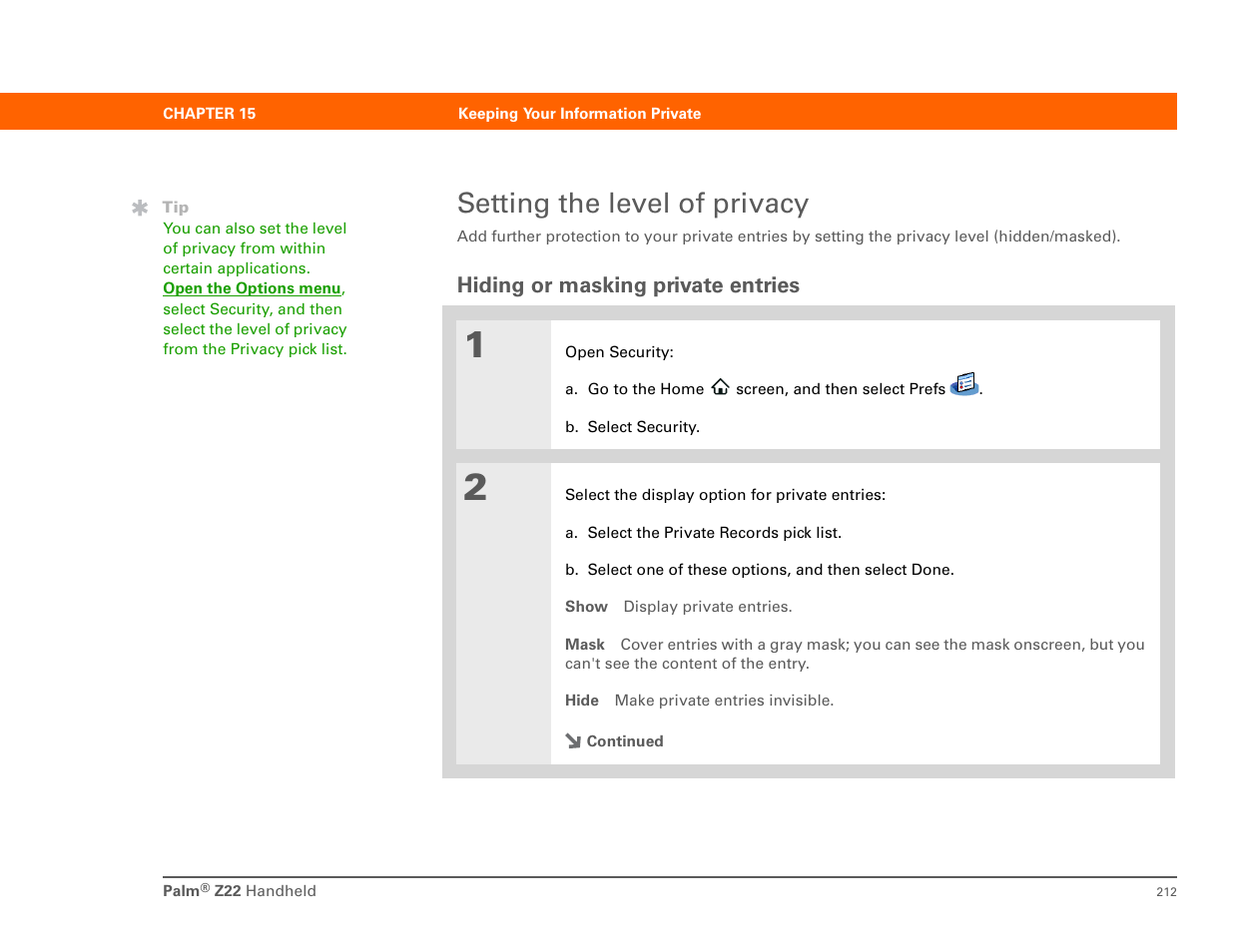 Setting the level of privacy, Hiding or masking private entries, Masking or hiding private entries | Palm Z22 User Manual | Page 226 / 343