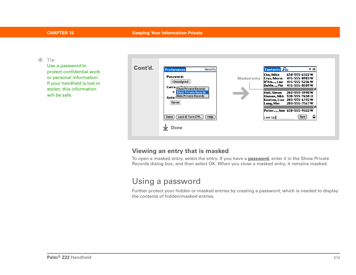 Using a password, Viewing an entry that is masked | Palm Z22 User Manual | Page 227 / 343