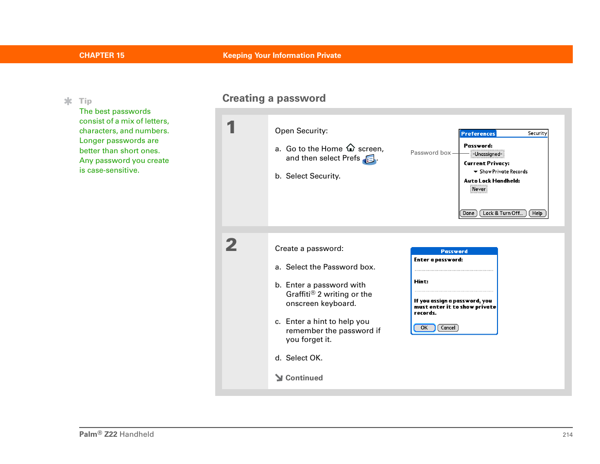 Creating a password, Ting a password | Palm Z22 User Manual | Page 228 / 343