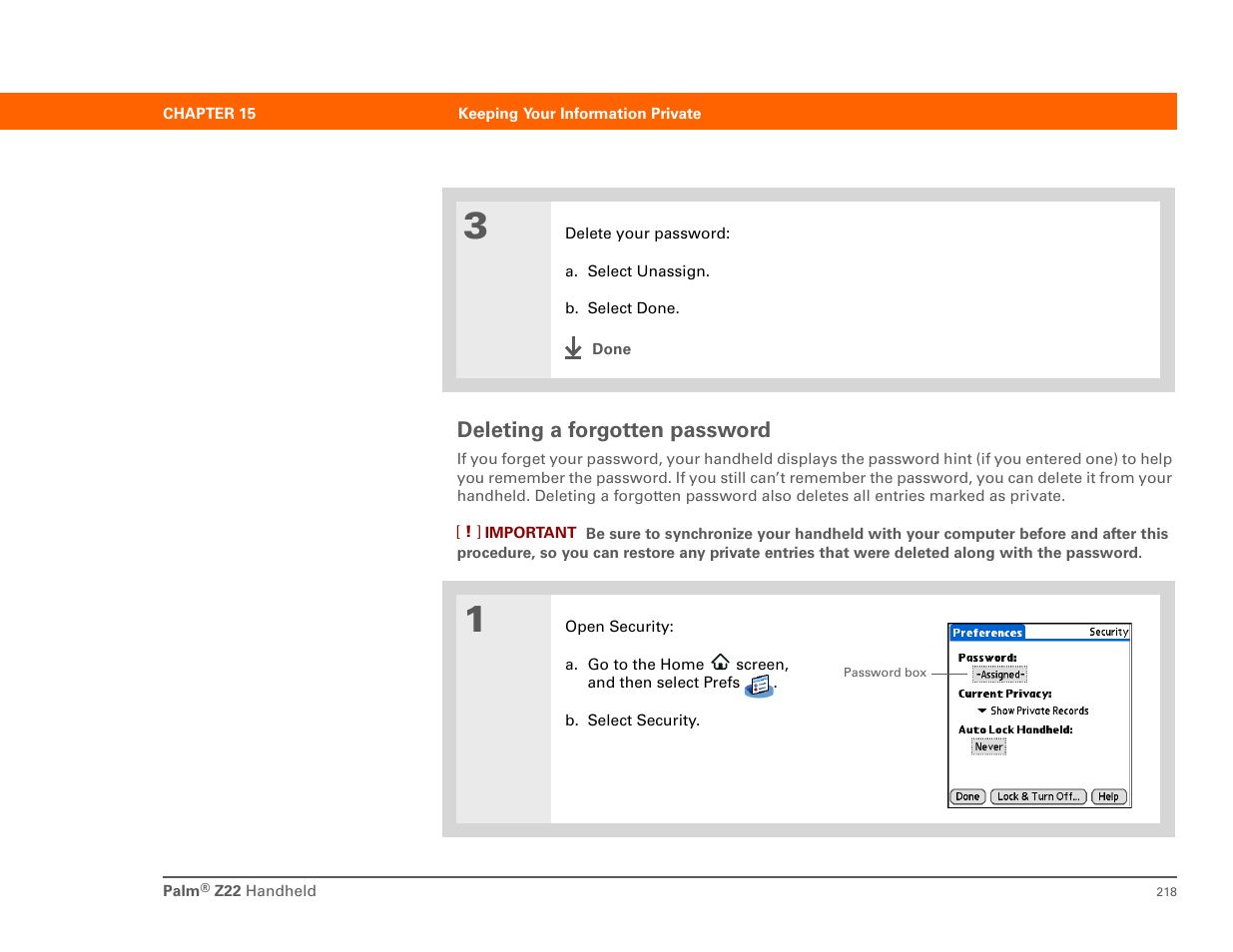 Deleting a forgotten password | Palm Z22 User Manual | Page 232 / 343