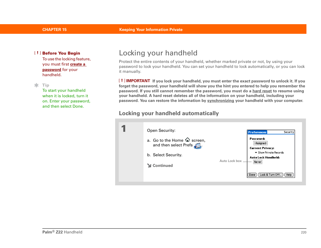 Locking your handheld, Locking your handheld automatically | Palm Z22 User Manual | Page 234 / 343