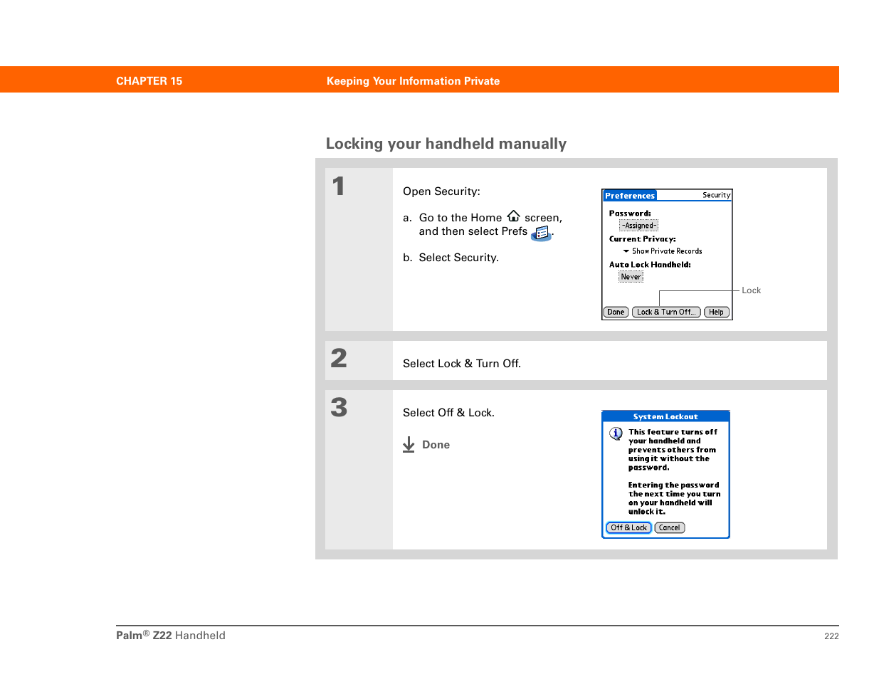 Locking your handheld manually | Palm Z22 User Manual | Page 236 / 343