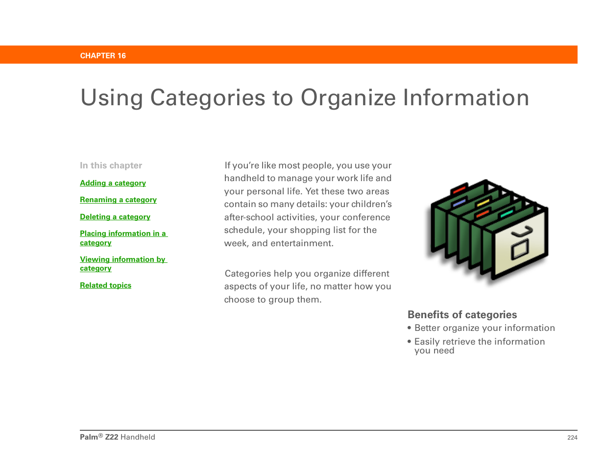 Using categories to organize information, Categories, Organize your tasks | Category to | Palm Z22 User Manual | Page 238 / 343