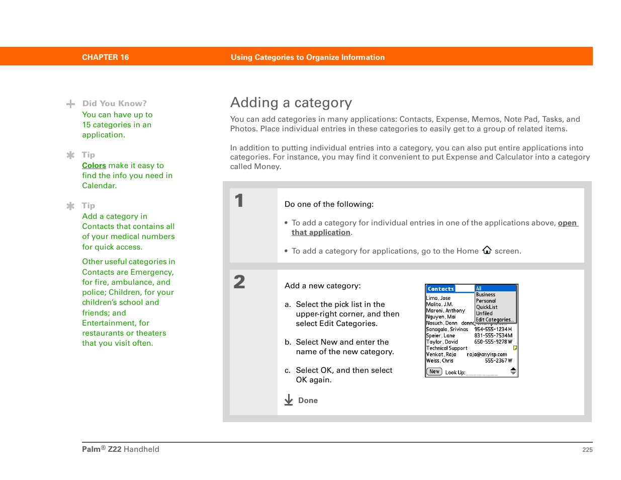 Adding a category | Palm Z22 User Manual | Page 239 / 343