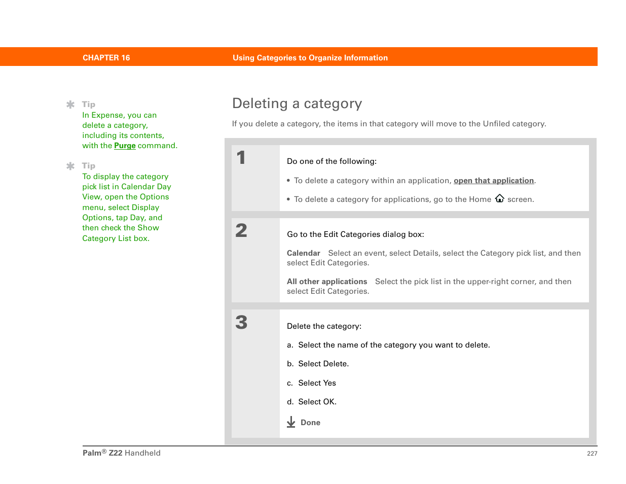 Deleting a category | Palm Z22 User Manual | Page 241 / 343