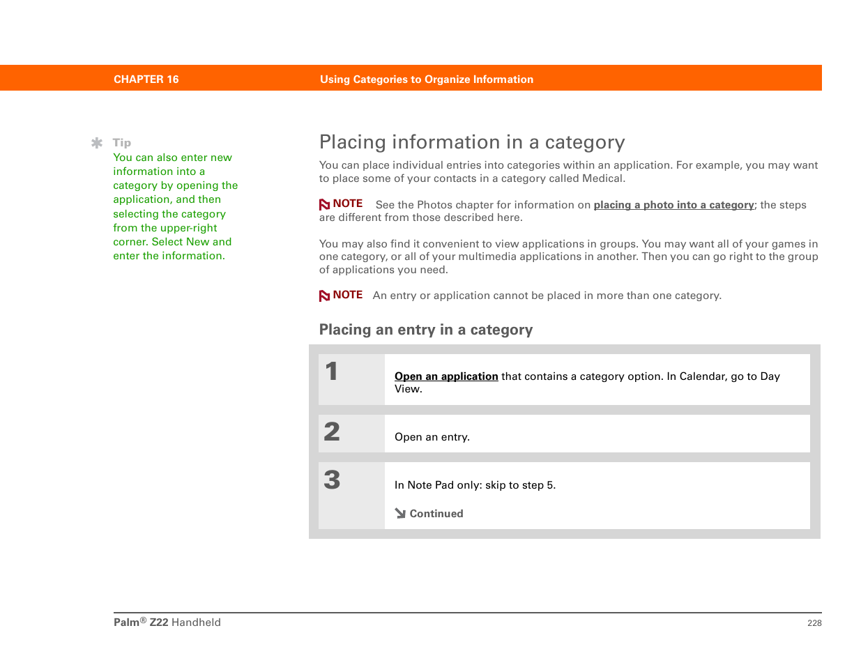 Placing information in a category, Placing an entry in a category | Palm Z22 User Manual | Page 242 / 343