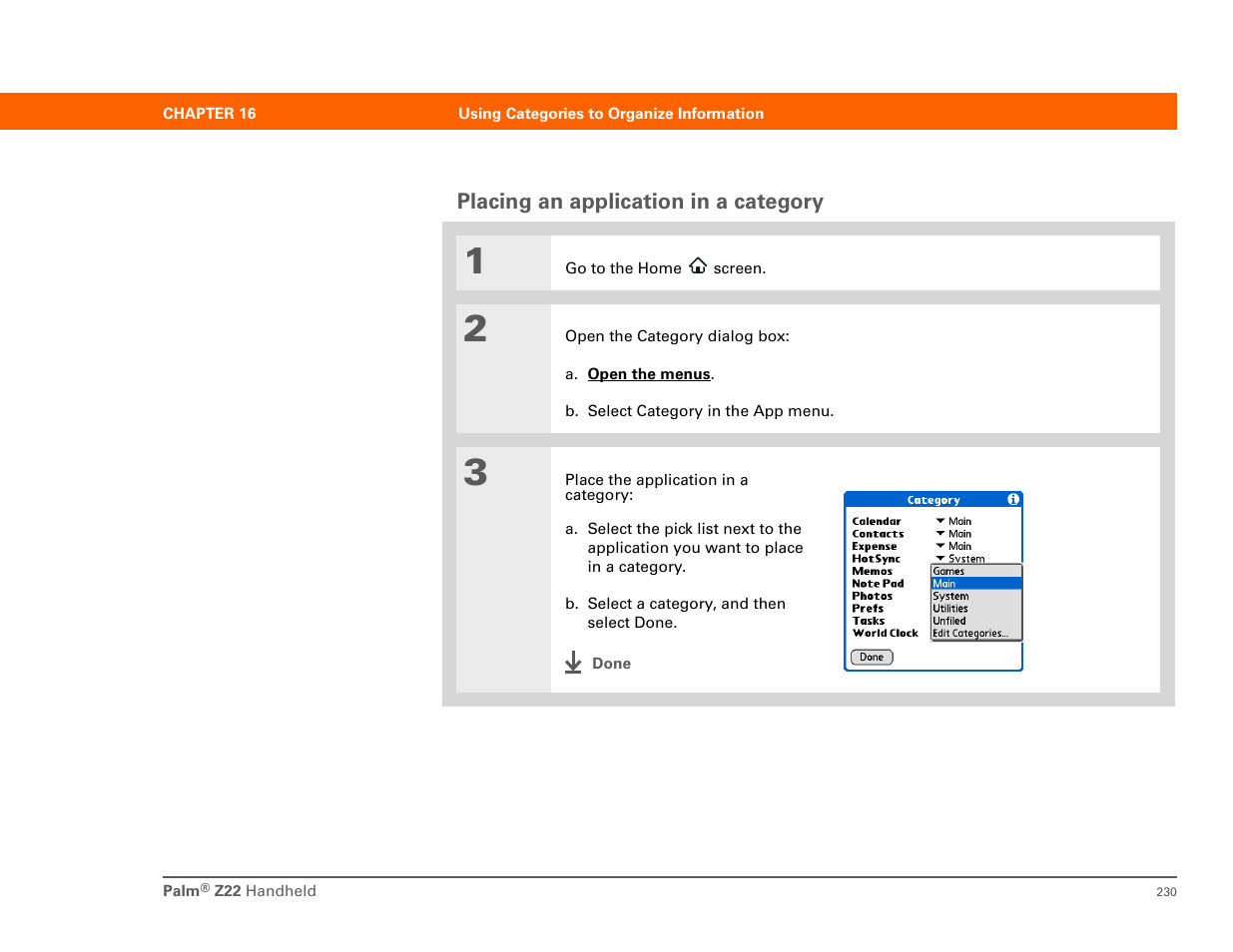 Placing an application in a category | Palm Z22 User Manual | Page 244 / 343