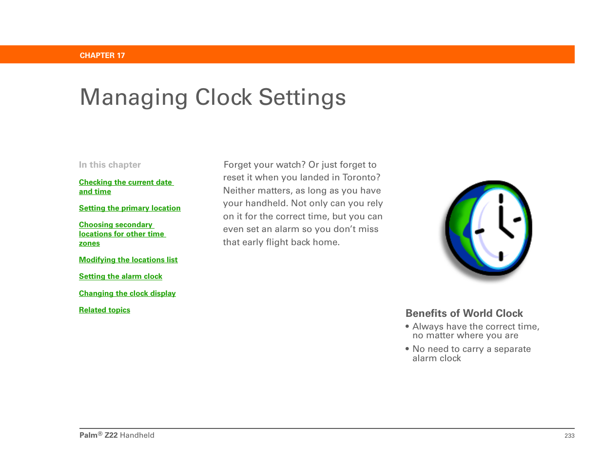 Managing clock settings, Chapter 17: managing clock settings, World clock | Palm Z22 User Manual | Page 247 / 343