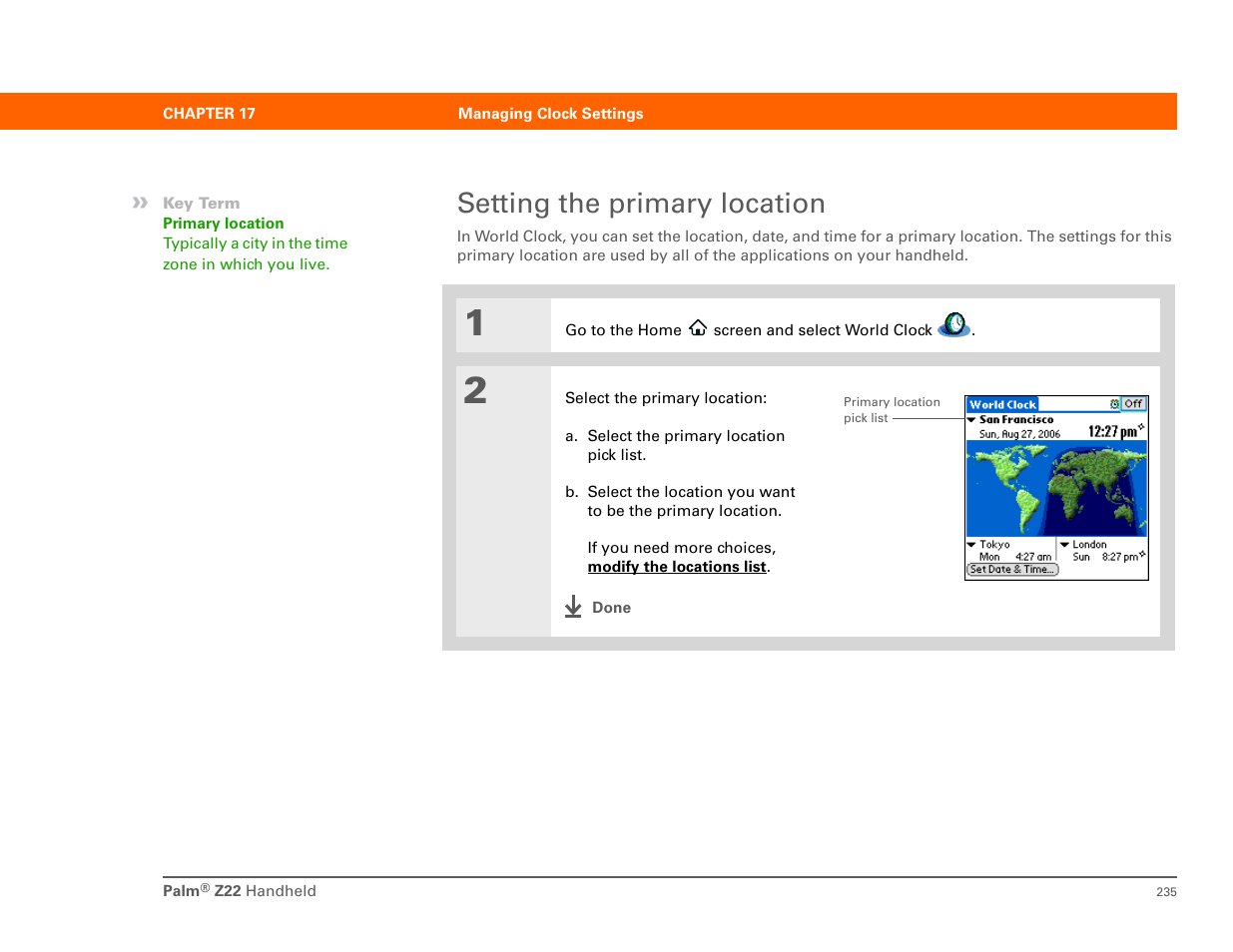 Setting the primary location | Palm Z22 User Manual | Page 249 / 343