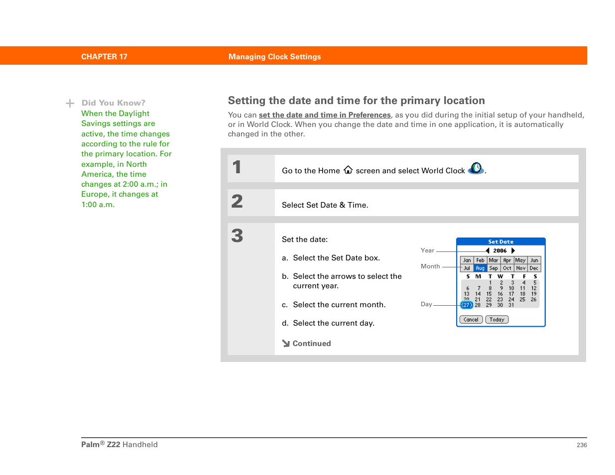 Setting the date and time for the primary location | Palm Z22 User Manual | Page 250 / 343