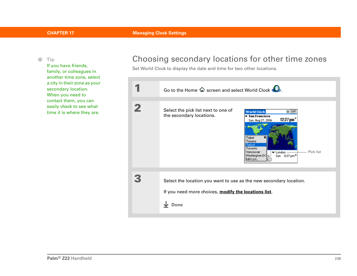 Choosing secondary locations for other time zones | Palm Z22 User Manual | Page 252 / 343