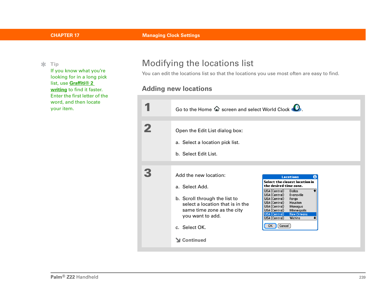 Modifying the locations list, Adding new locations | Palm Z22 User Manual | Page 253 / 343