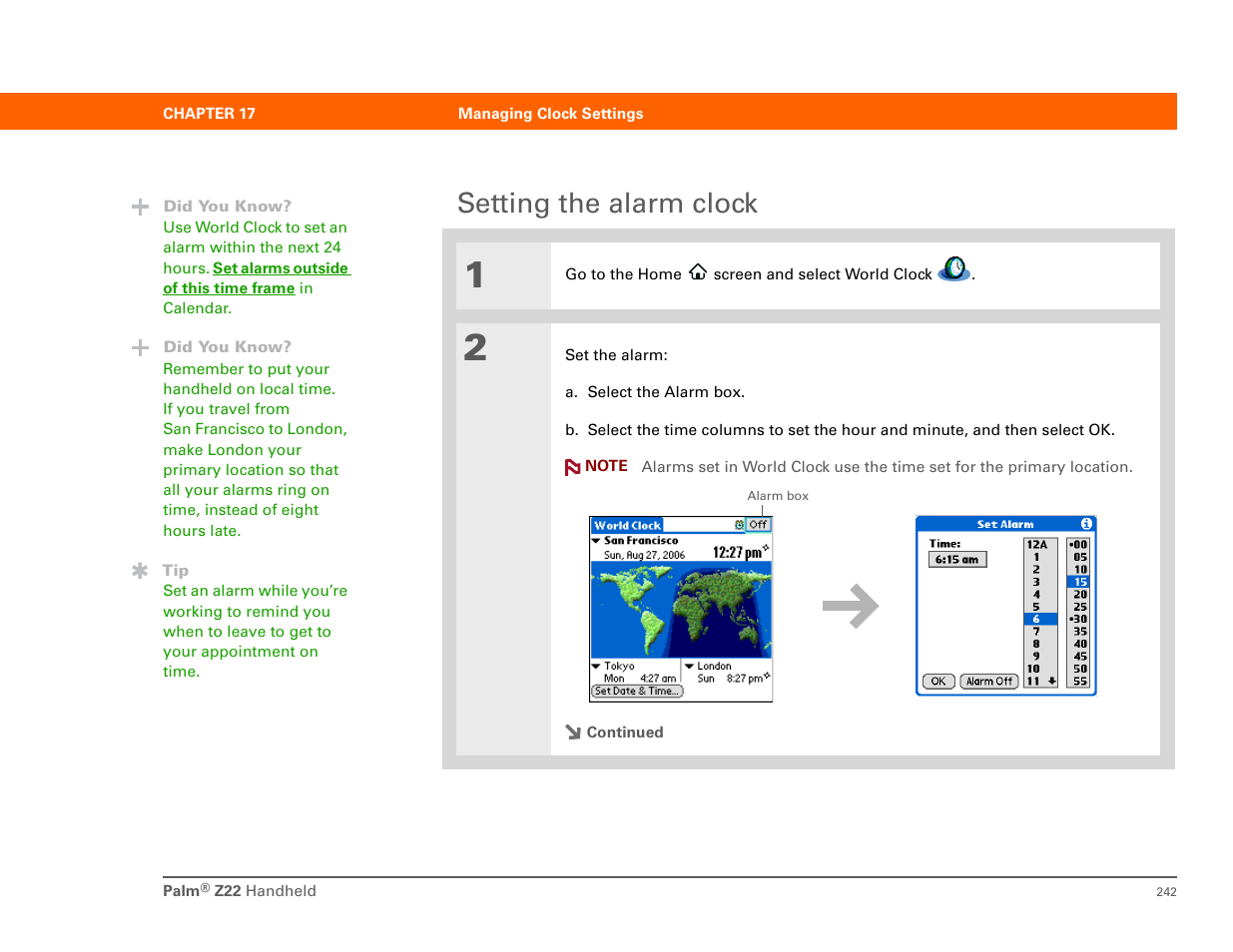 Setting the alarm clock | Palm Z22 User Manual | Page 256 / 343