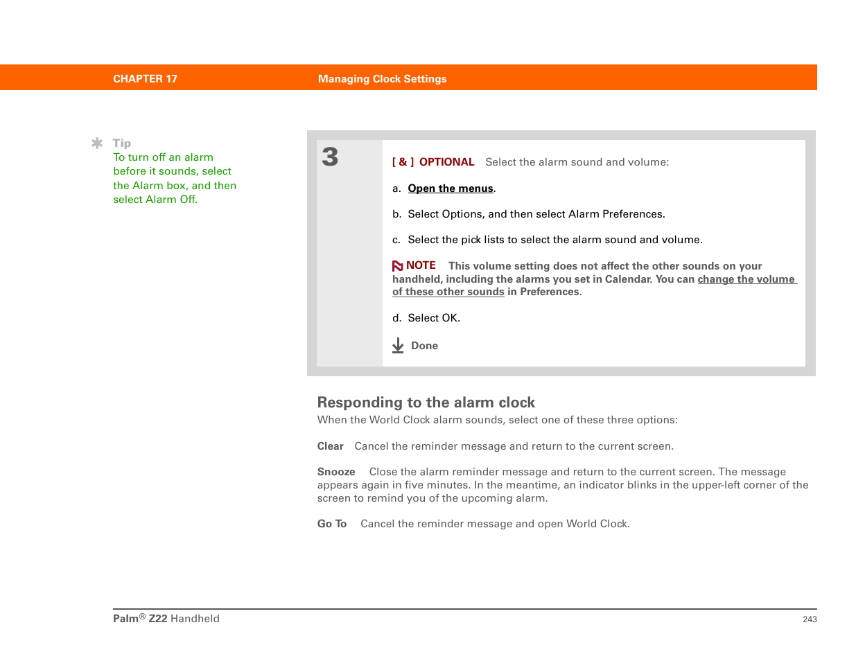 Responding to the alarm clock | Palm Z22 User Manual | Page 257 / 343