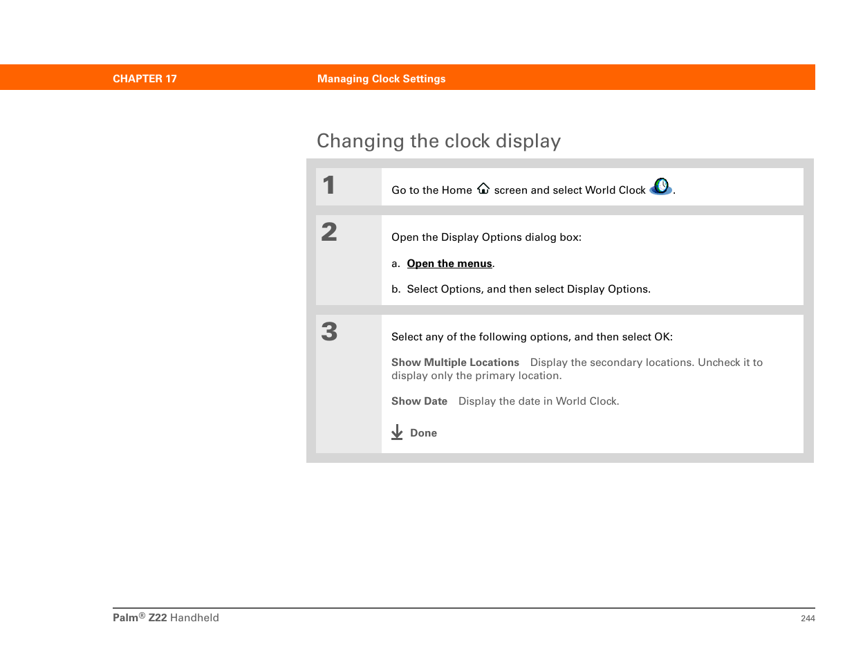 Changing the clock display | Palm Z22 User Manual | Page 258 / 343