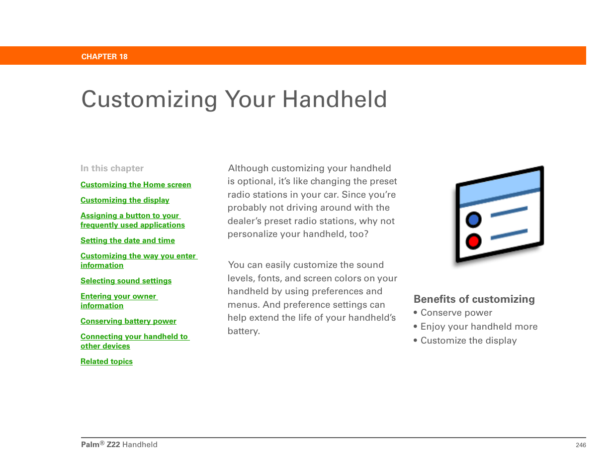 Customizing your handheld, Chapter 18: customizing your handheld, Customizing | Palm Z22 User Manual | Page 260 / 343