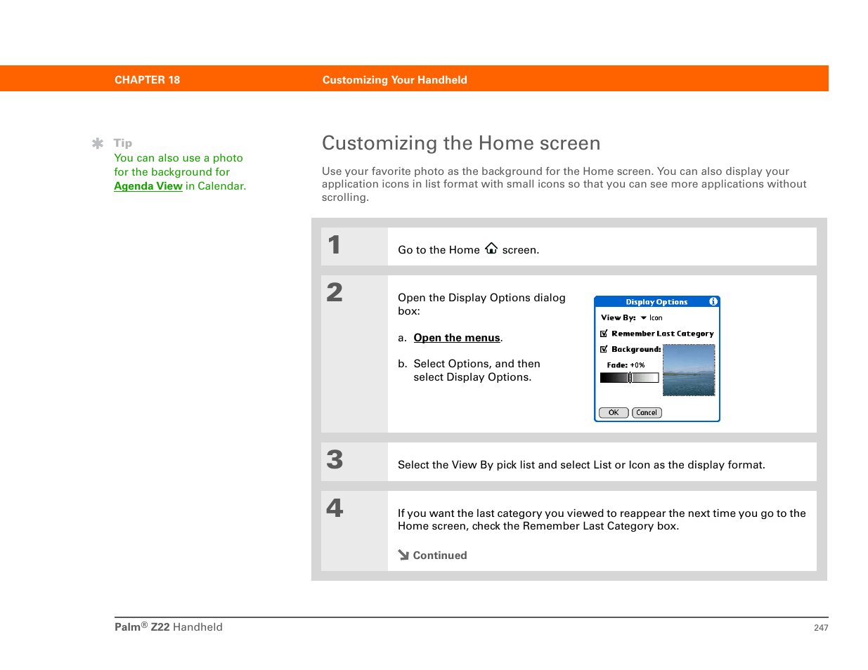 Customizing the home screen, On your handheld, select photos as the, Background | Palm Z22 User Manual | Page 261 / 343