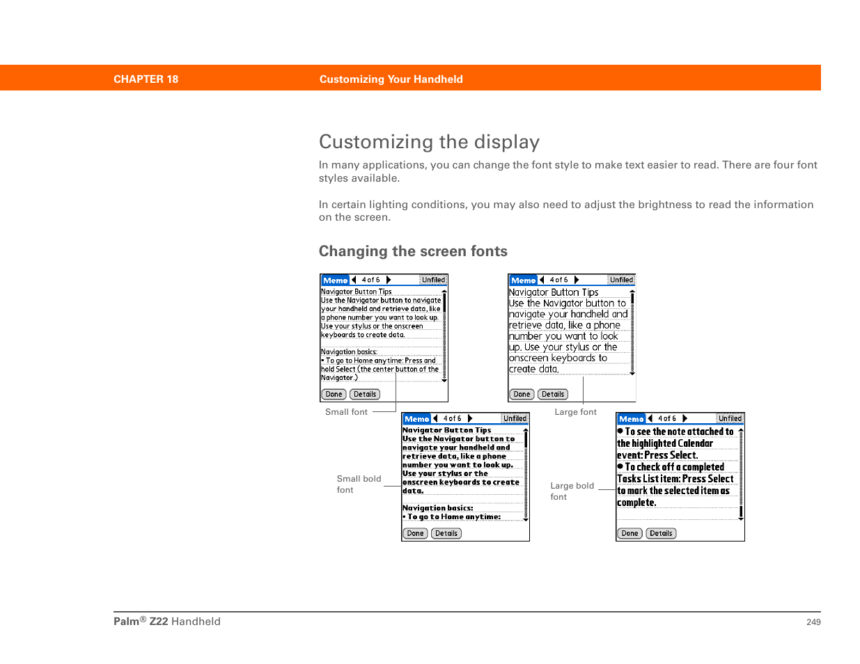 Customizing the display, Changing the screen fonts | Palm Z22 User Manual | Page 263 / 343