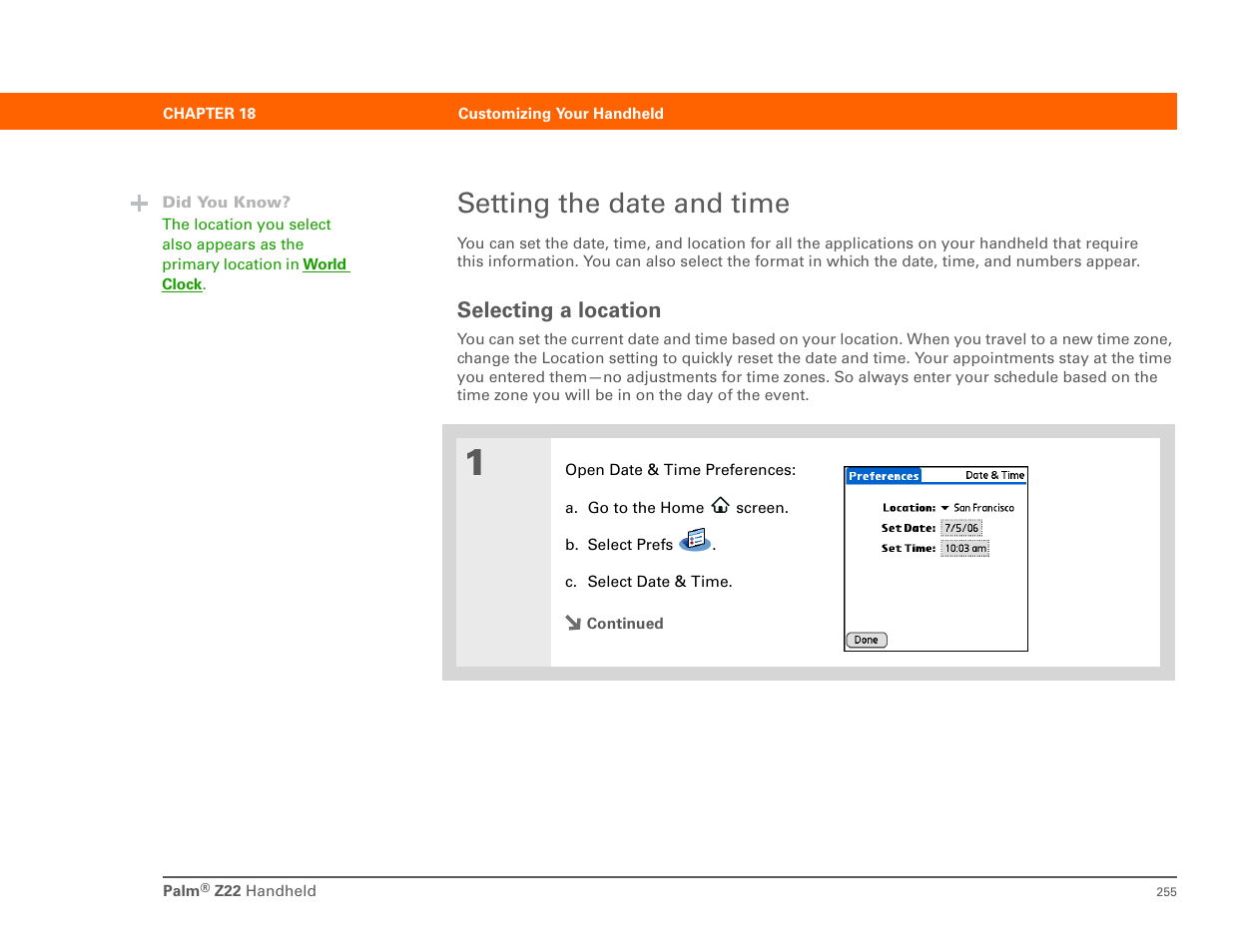 Setting the date and time, Selecting a location | Palm Z22 User Manual | Page 269 / 343