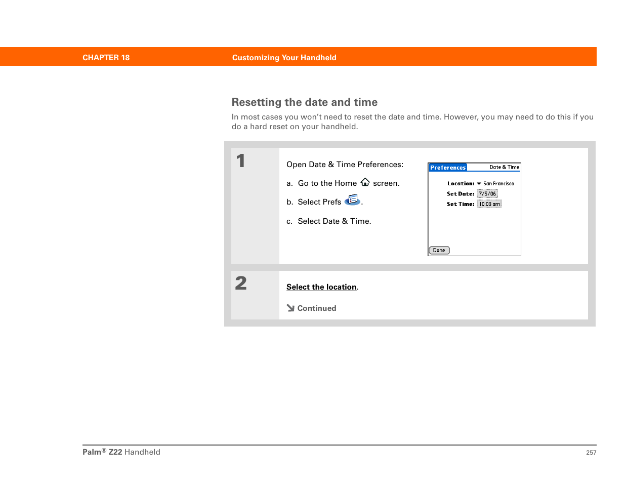 Resetting the date and time | Palm Z22 User Manual | Page 271 / 343