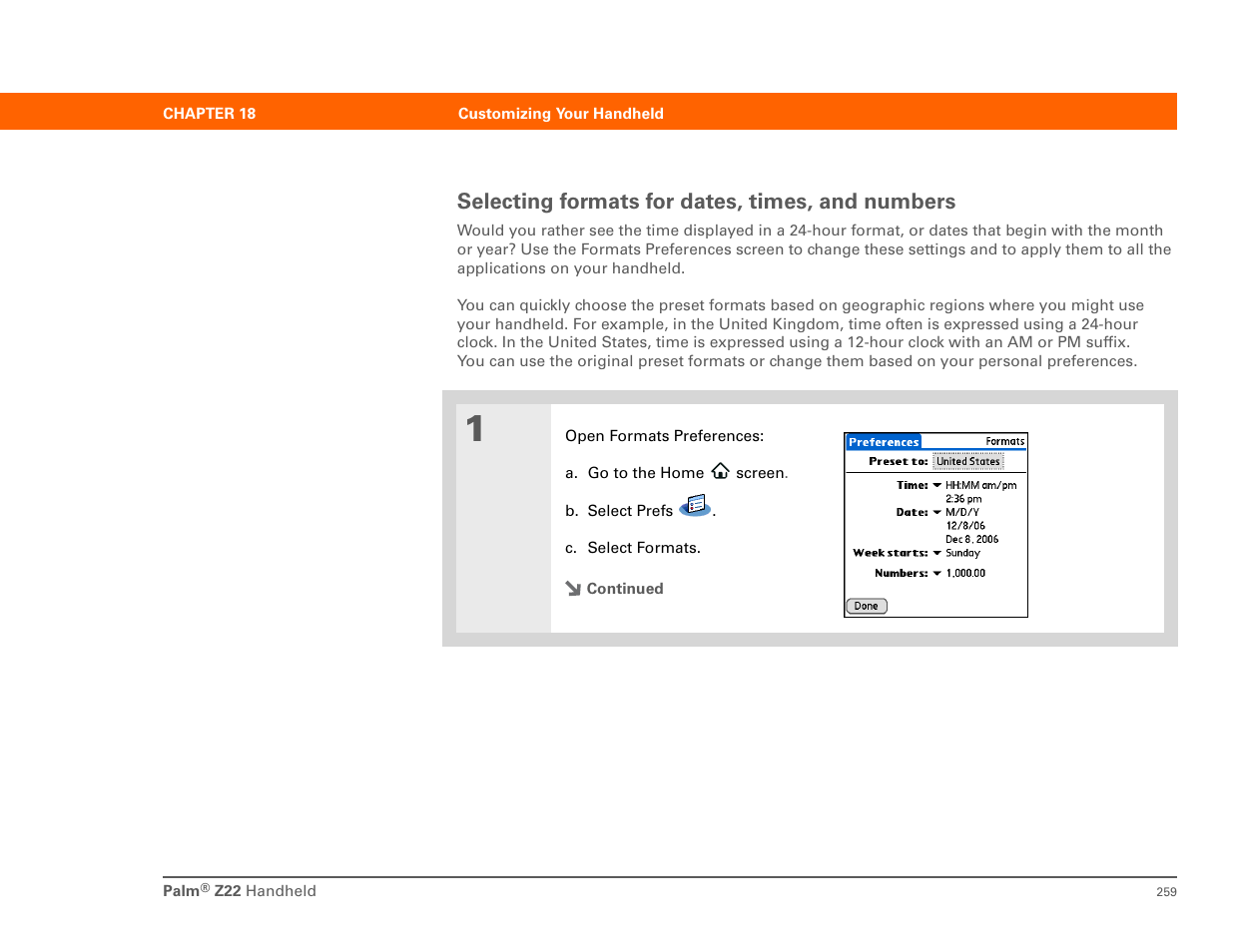 Selecting formats for dates, times, and numbers | Palm Z22 User Manual | Page 273 / 343