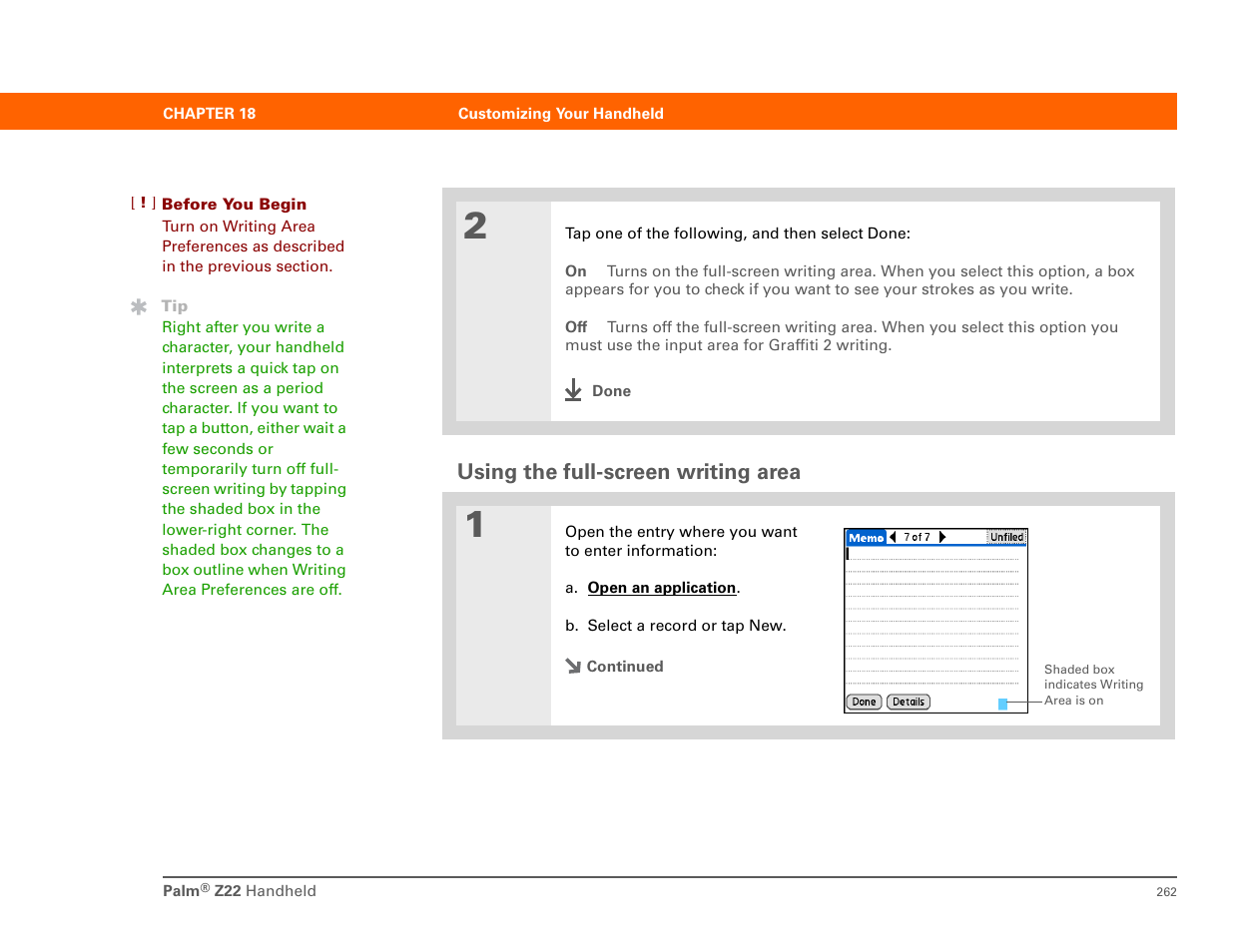 Using the full-screen writing area, Full-screen writing is t | Palm Z22 User Manual | Page 276 / 343