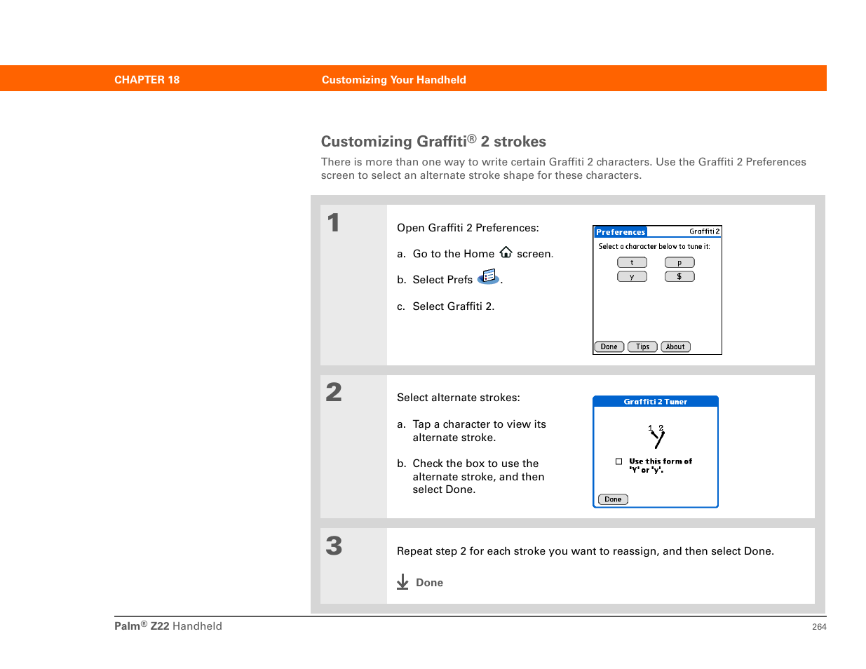 Customizing graffiti® 2 strokes, Customizing graffiti | Palm Z22 User Manual | Page 278 / 343