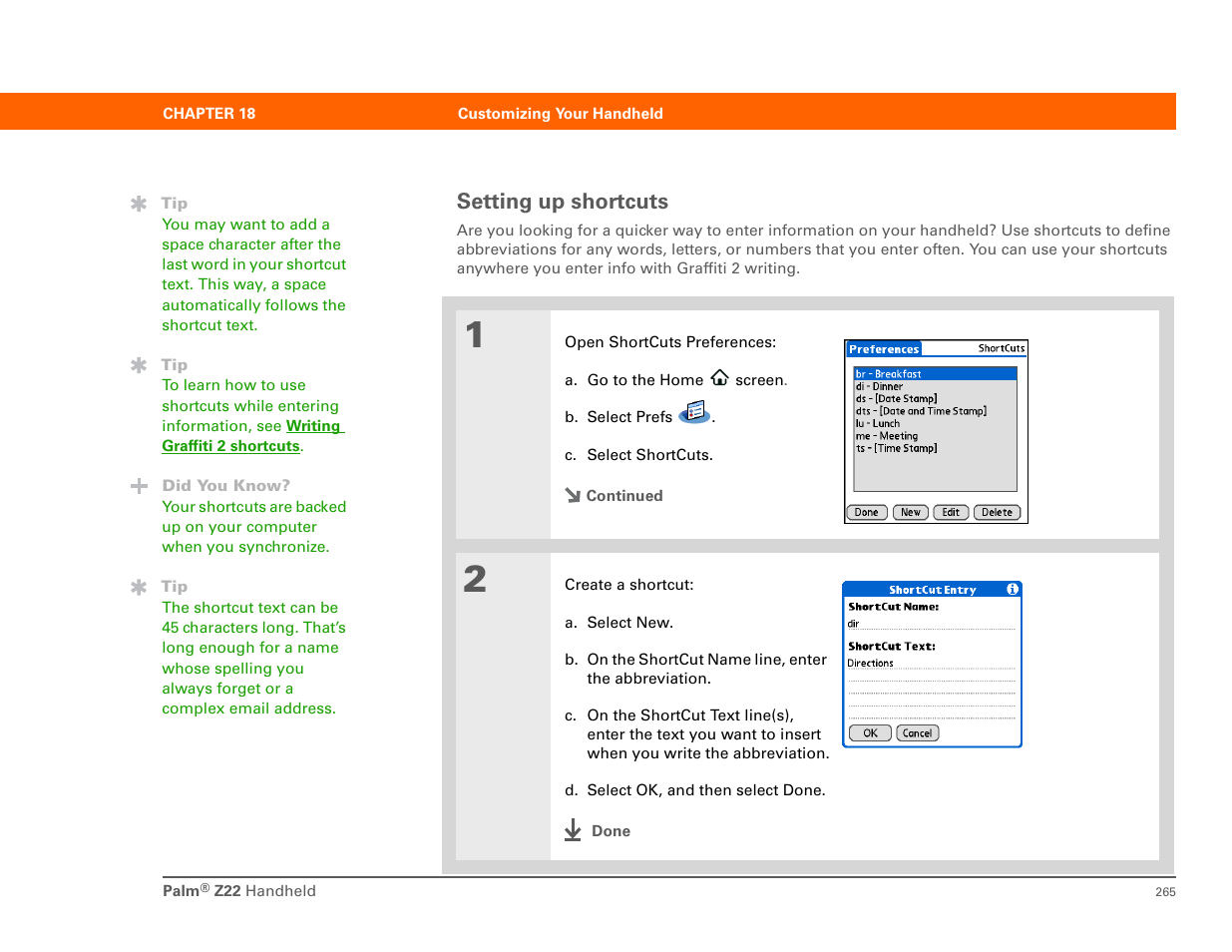 Setting up shortcuts | Palm Z22 User Manual | Page 279 / 343