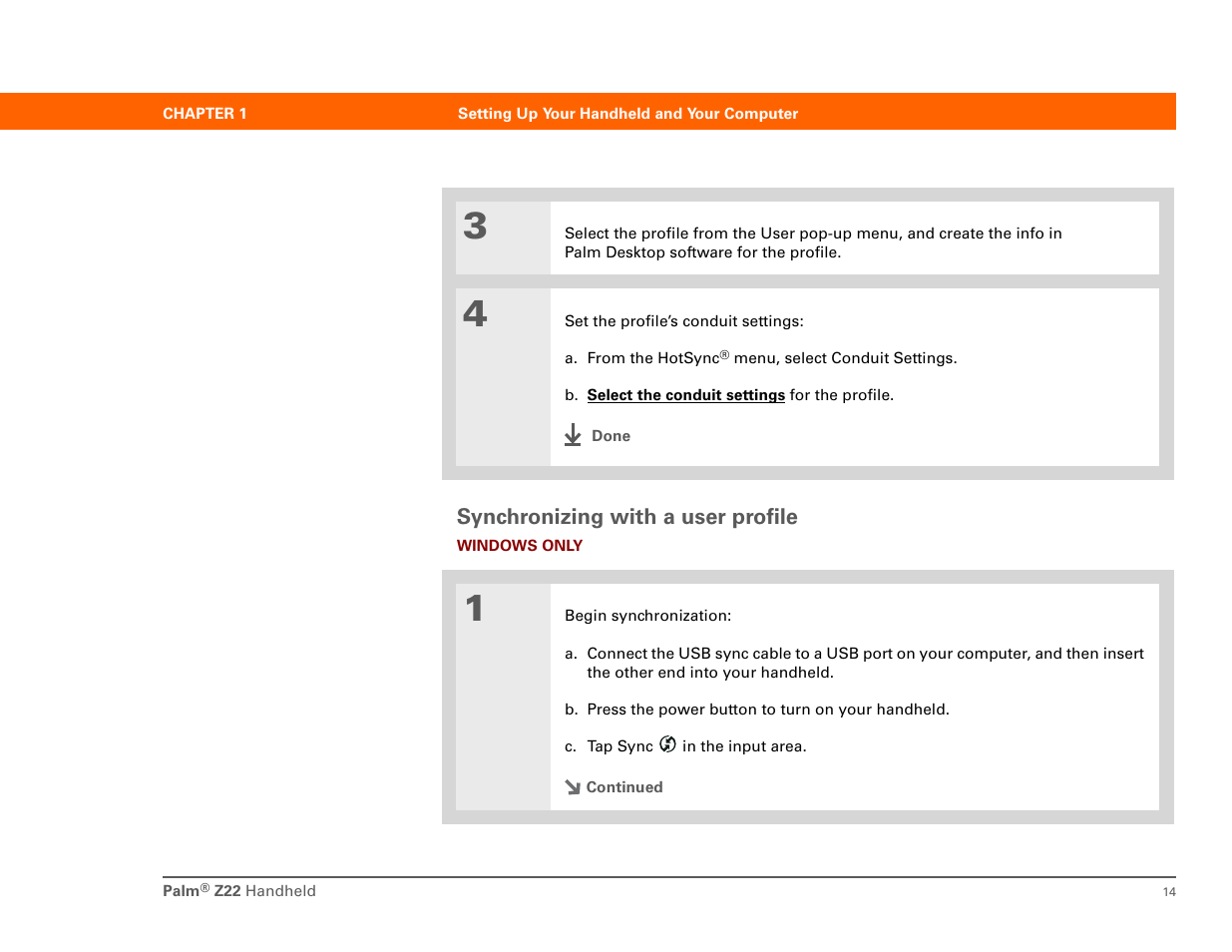 Synchronizing with a user profile | Palm Z22 User Manual | Page 28 / 343