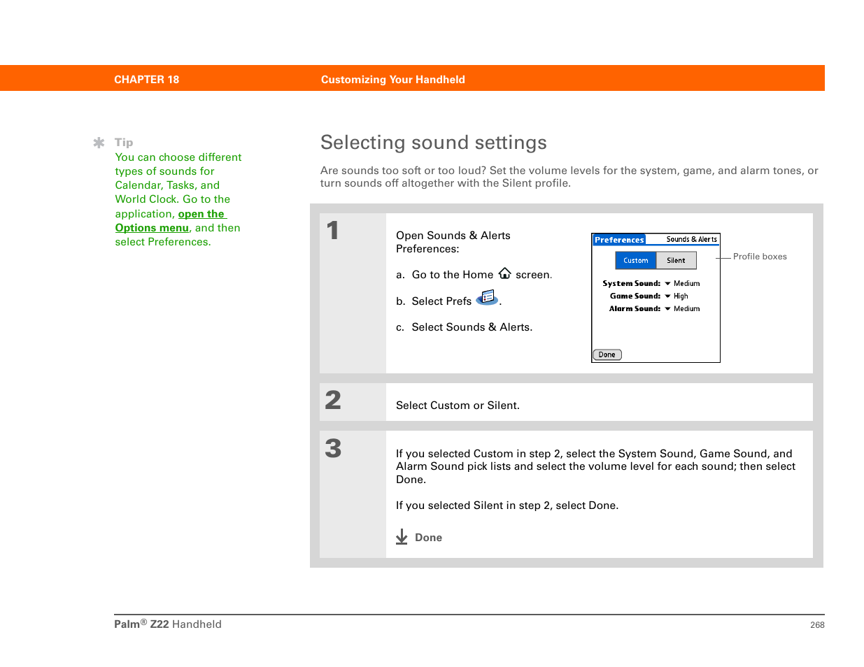 Selecting sound settings | Palm Z22 User Manual | Page 282 / 343